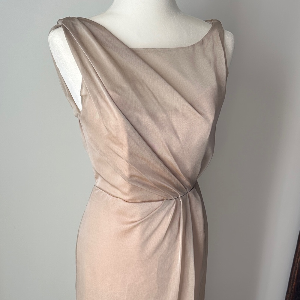 Elegant Sheer Taupe Prom Dress - Sleeveless Draped Gown